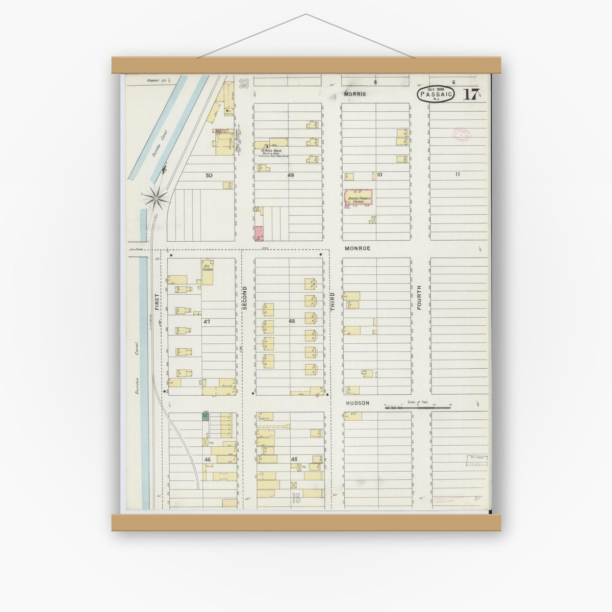 Old map wall art mockup — magnetic wood frame on white wall — Sanborn Fire Insurance Map from Passaic, Passaic County, New Jersey (1894), Sheet #0017