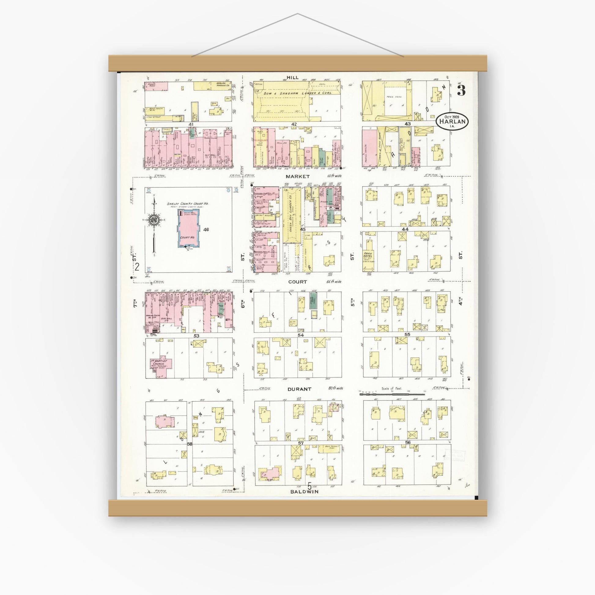Old map wall art mockup — magnetic wood frame on white wall — Sanborn Fire Insurance Map from Harlan, Shelby County, Iowa (1909), Sheet #0003
