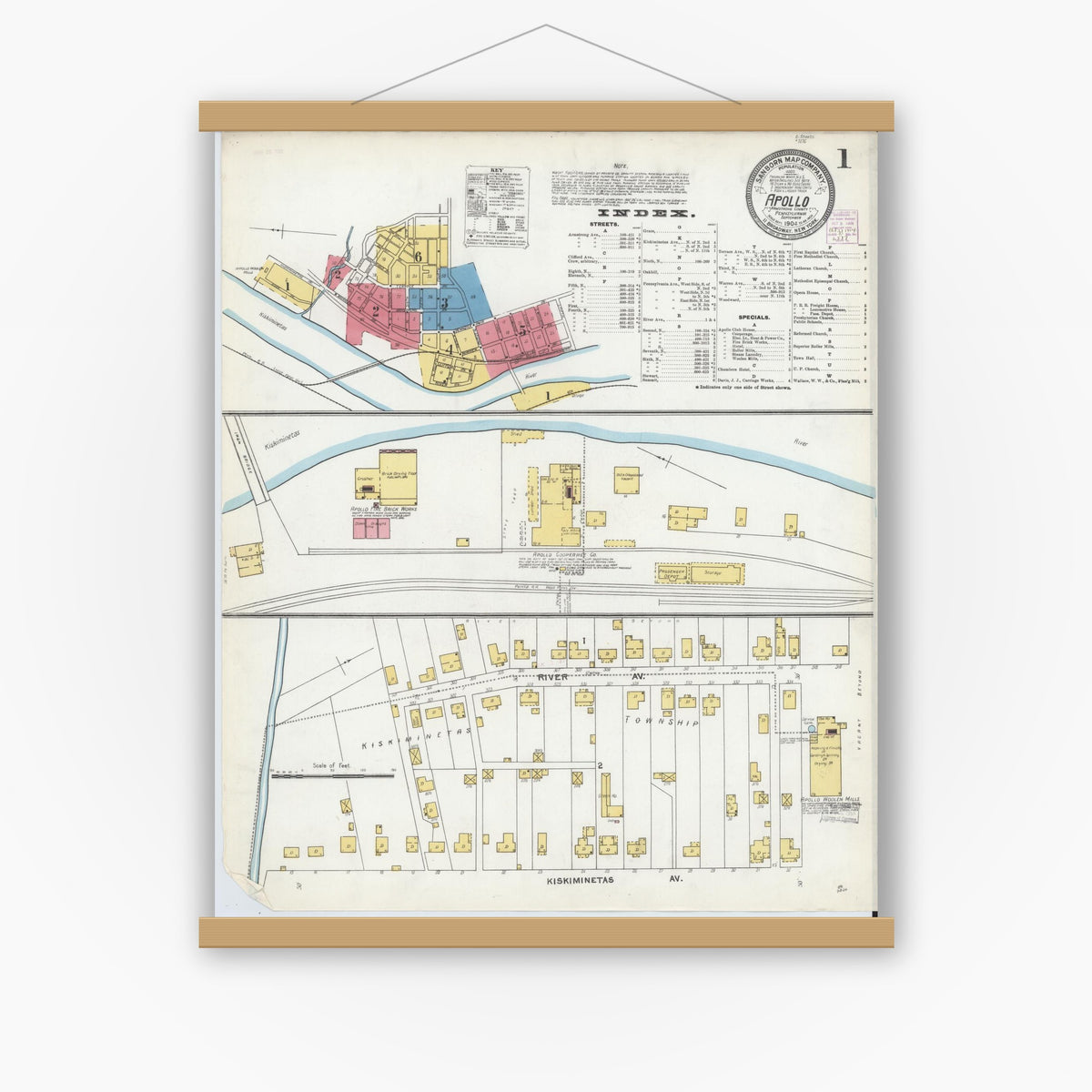 Old map wall art mockup — magnetic wood frame on white wall — Sanborn Fire Insurance Map from Apollo, Armstrong County, Pennsylvania (1904), Sheet #0001