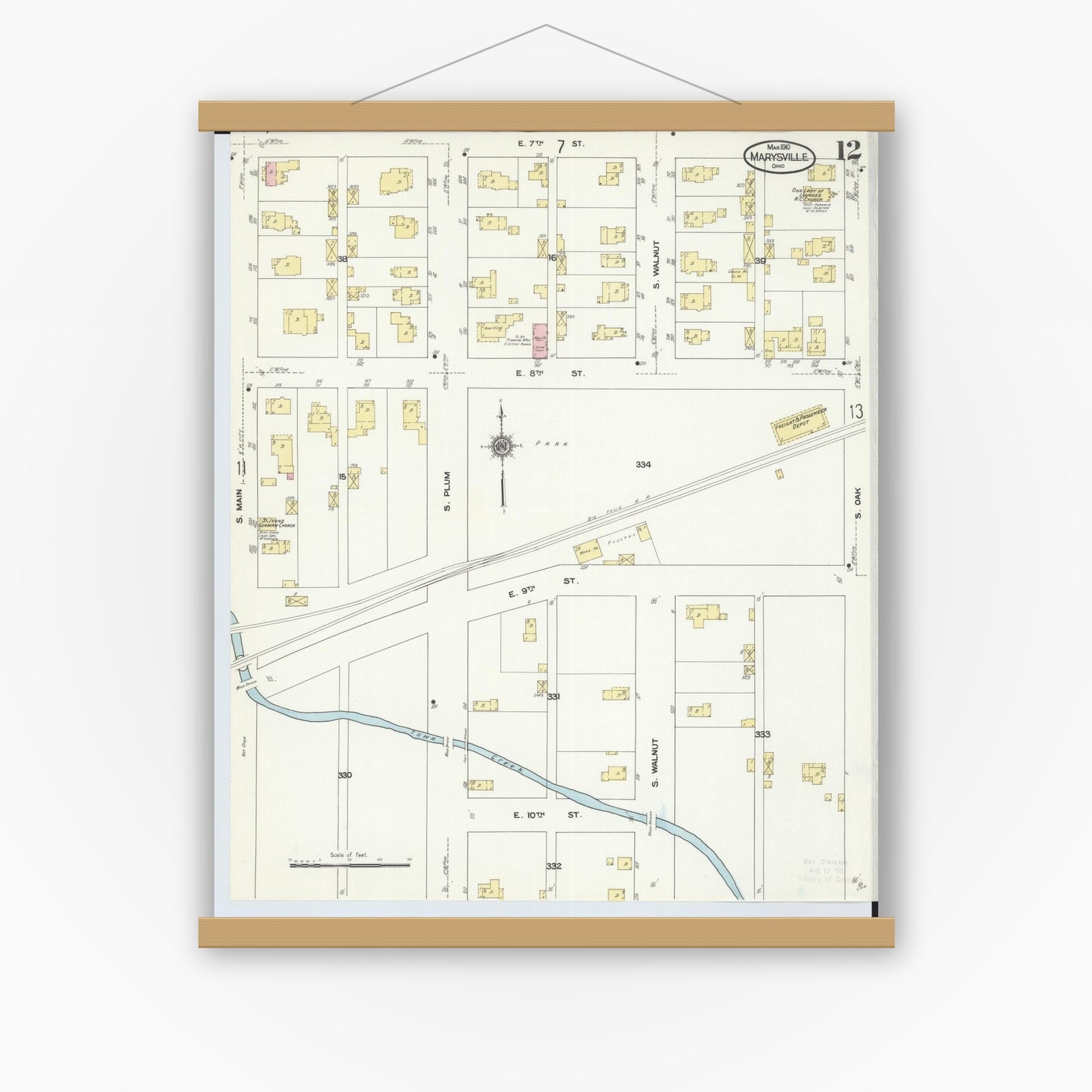 Old map wall art mockup — magnetic wood frame on white wall — Sanborn Fire Insurance Map from Marysville, Union County, Ohio (1910), Sheet #0012