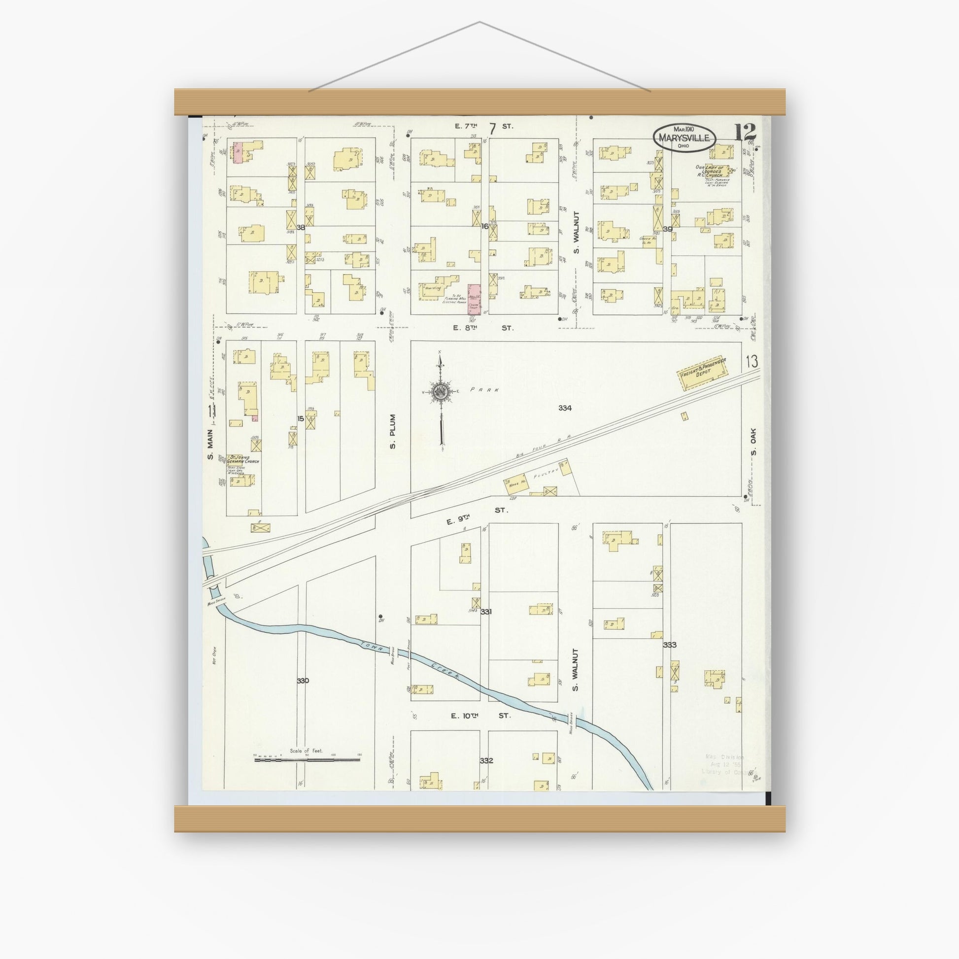 Old map wall art mockup — magnetic wood frame on white wall — Sanborn Fire Insurance Map from Marysville, Union County, Ohio (1910), Sheet #0012