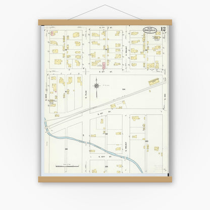 Old map wall art mockup — magnetic wood frame on white wall — Sanborn Fire Insurance Map from Marysville, Union County, Ohio (1910), Sheet #0012