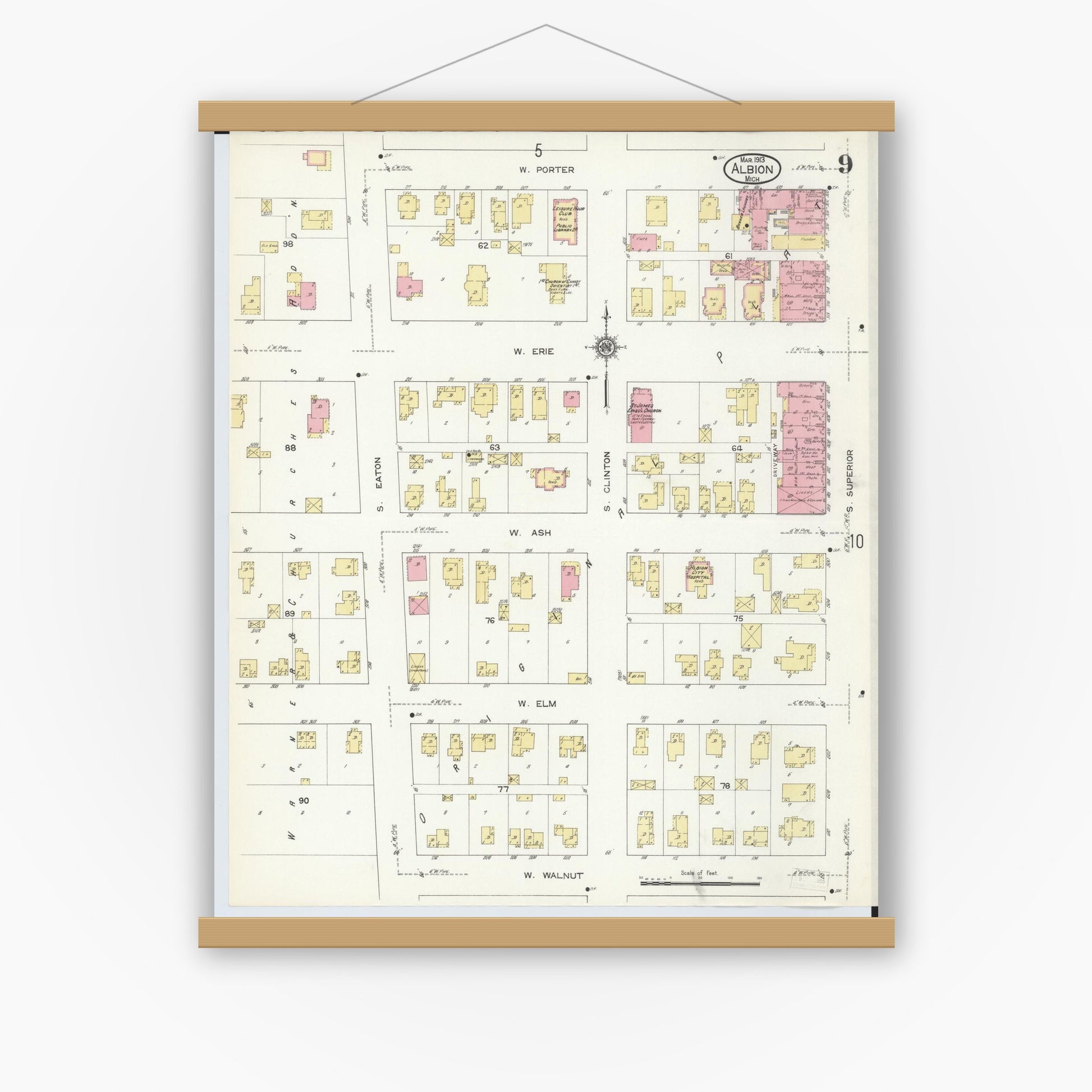 Old map wall art mockup — magnetic wood frame on white wall — Sanborn Fire Insurance Map from Albion, Calhoun County, Michigan (1913), Sheet #0009