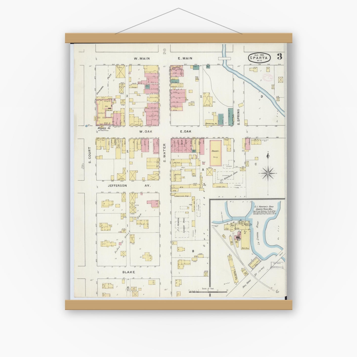 Old map wall art mockup — magnetic wood frame on white wall — Sanborn Fire Insurance Map from Sparta, Monroe County, Wisconsin (1894), Sheet #0003