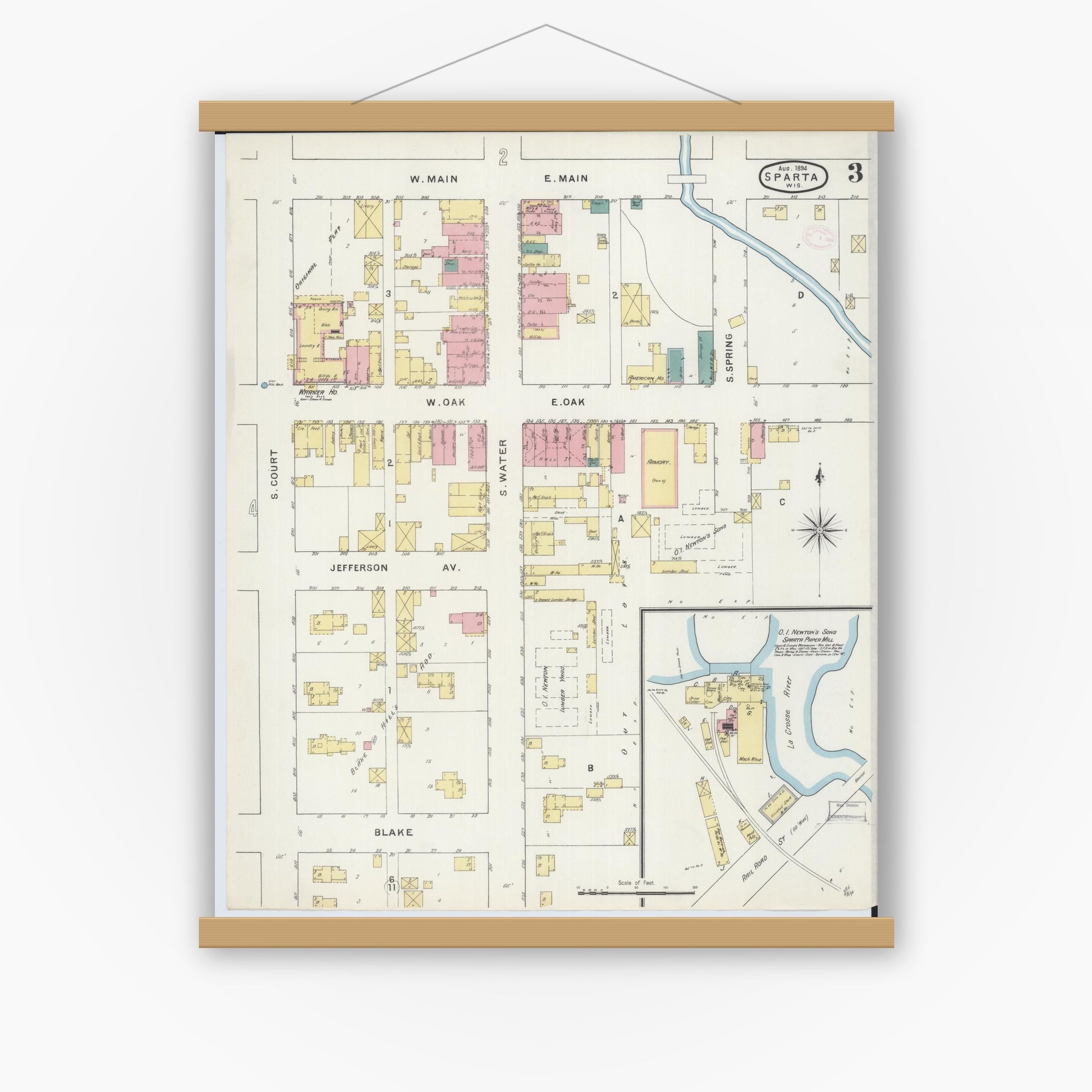 Old map wall art mockup — magnetic wood frame on white wall — Sanborn Fire Insurance Map from Sparta, Monroe County, Wisconsin (1894), Sheet #0003