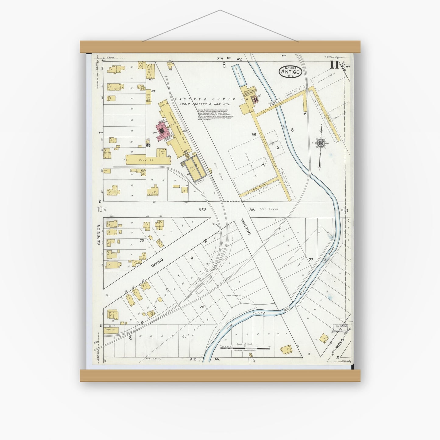 Old map wall art mockup — magnetic wood frame on white wall — Sanborn Fire Insurance Map from Antigo, Langlade County, Wisconsin (1919), Sheet #0011