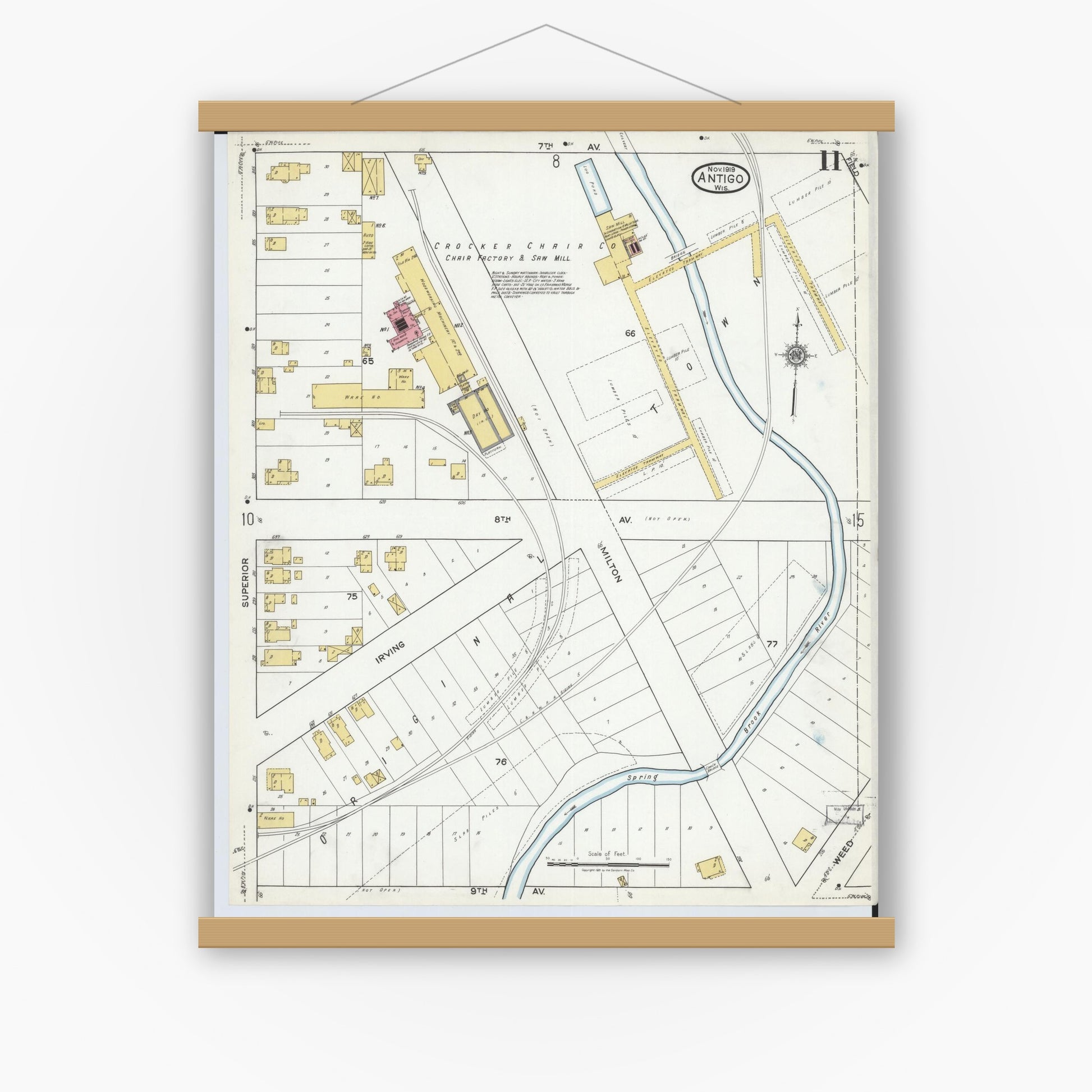 Old map wall art mockup — magnetic wood frame on white wall — Sanborn Fire Insurance Map from Antigo, Langlade County, Wisconsin (1919), Sheet #0011
