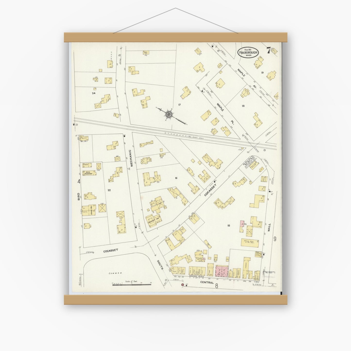 Old map wall art mockup — magnetic wood frame on white wall — Sanborn Fire Insurance Map from Foxboro, Norfolk County, Massachusetts (1911), Sheet #0007