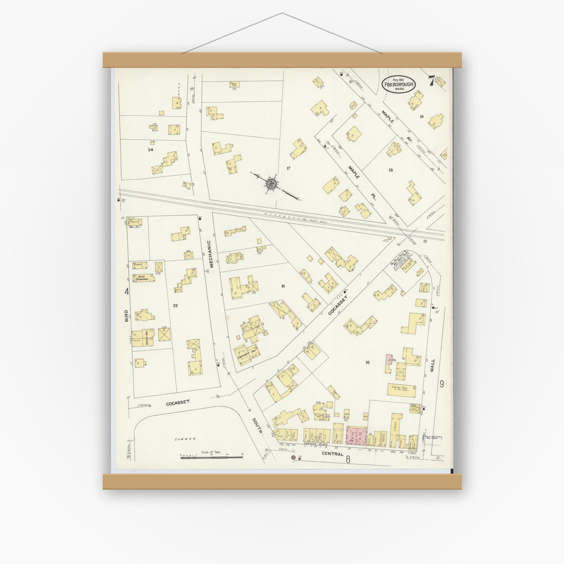 Old map wall art mockup — magnetic wood frame on white wall — Sanborn Fire Insurance Map from Foxboro, Norfolk County, Massachusetts (1911), Sheet #0007