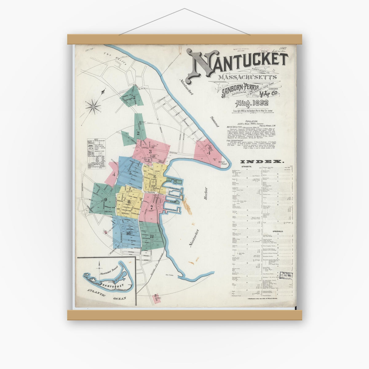 Old map wall art mockup — magnetic wood frame on white wall — Sanborn Fire Insurance Map from Nantucket, Nantucket County, Massachusetts (1892), Sheet #0001