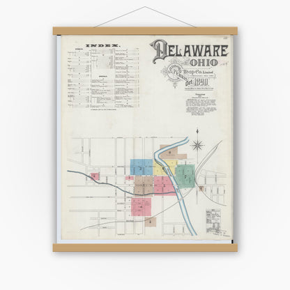 Old map wall art mockup — magnetic wood frame on white wall — Sanborn Fire Insurance Map from Delaware, Delaware County, Ohio (1890) - Complete Map Set