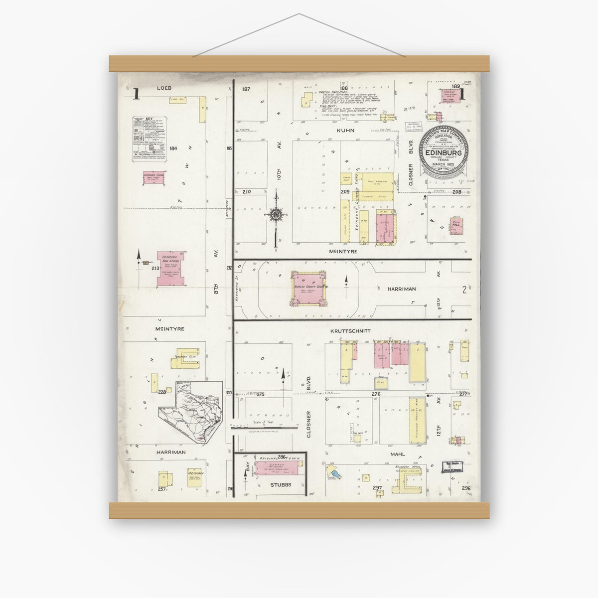 Old map wall art mockup — magnetic wood frame on white wall — Sanborn Fire Insurance Map from Edinburg, Hidalgo County, Texas (1925) - Complete Map Set