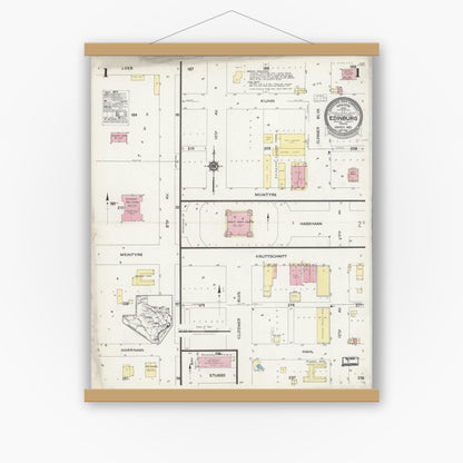 Old map wall art mockup — magnetic wood frame on white wall — Sanborn Fire Insurance Map from Edinburg, Hidalgo County, Texas (1925) - Complete Map Set