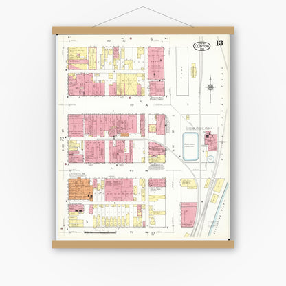 Old map wall art mockup — magnetic wood frame on white wall — Sanborn Fire Insurance Map from Clinton, Clinton County, Iowa (1917), Sheet #0013