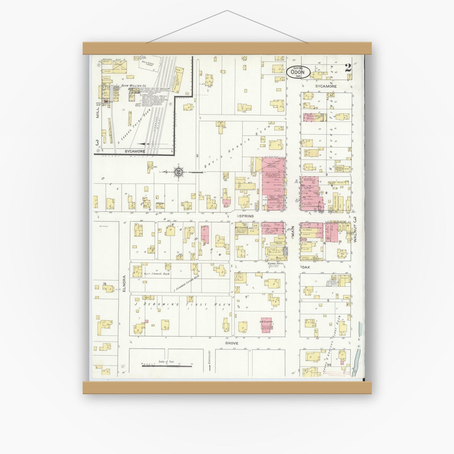 Old map wall art mockup — magnetic wood frame on white wall — Sanborn Fire Insurance Map from Odon, Daviess County, Indiana (1913), Sheet #0002