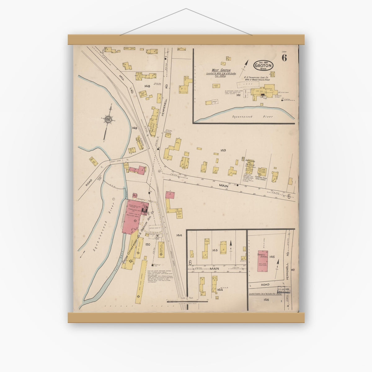 Old map wall art mockup — magnetic wood frame on white wall — Sanborn Fire Insurance Map from Groton, Middlesex County, Massachusetts (1921), Sheet #0006