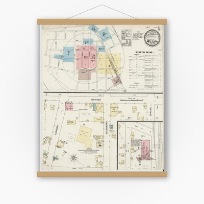 Old map wall art mockup — magnetic wood frame on white wall — Sanborn Fire Insurance Map from Wilson, Wilson County, North Carolina (1888) - Complete Map Set