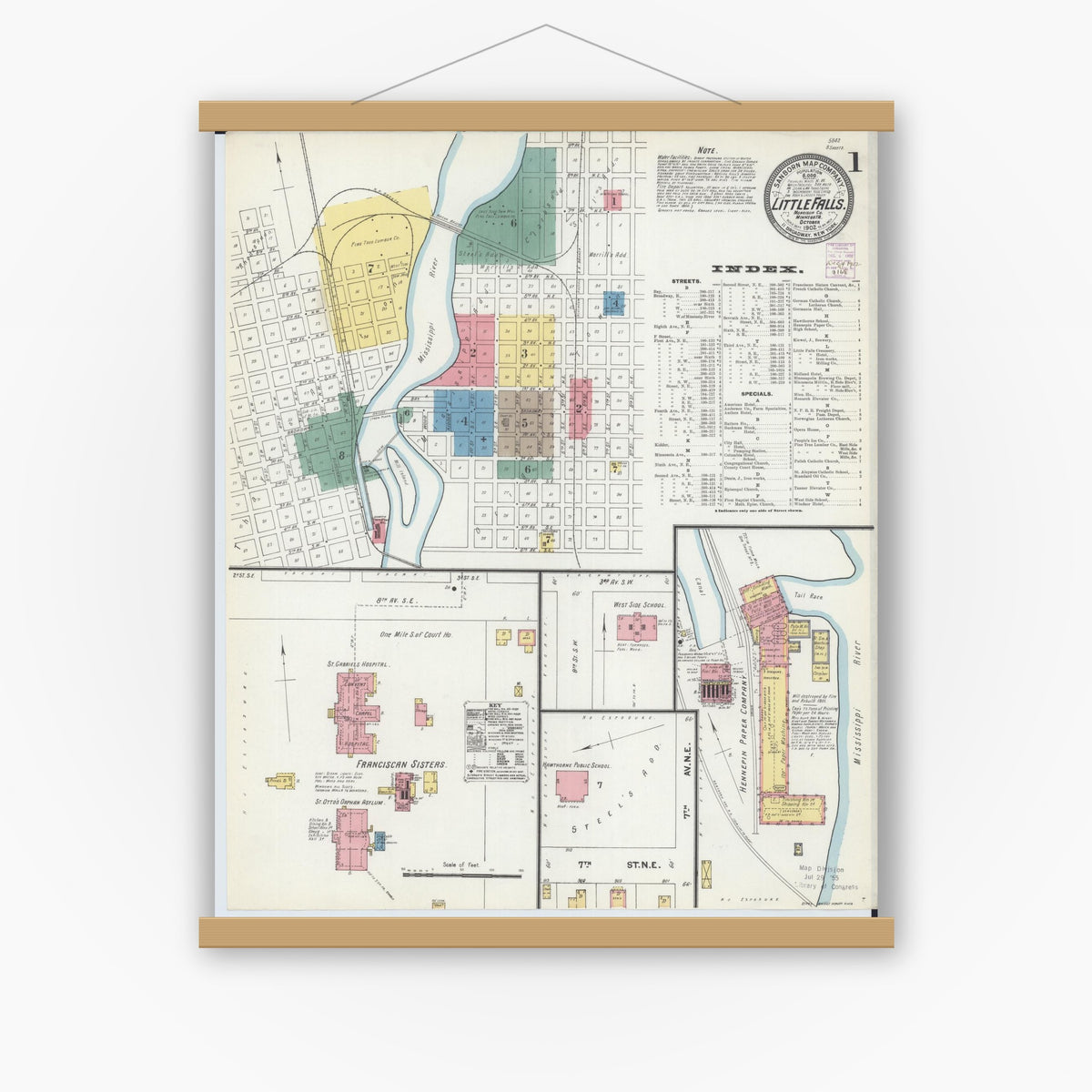Old map wall art mockup — magnetic wood frame on white wall — Sanborn Fire Insurance Map from Little Falls, Morrison County, Minnesota (1902), Sheet #0001