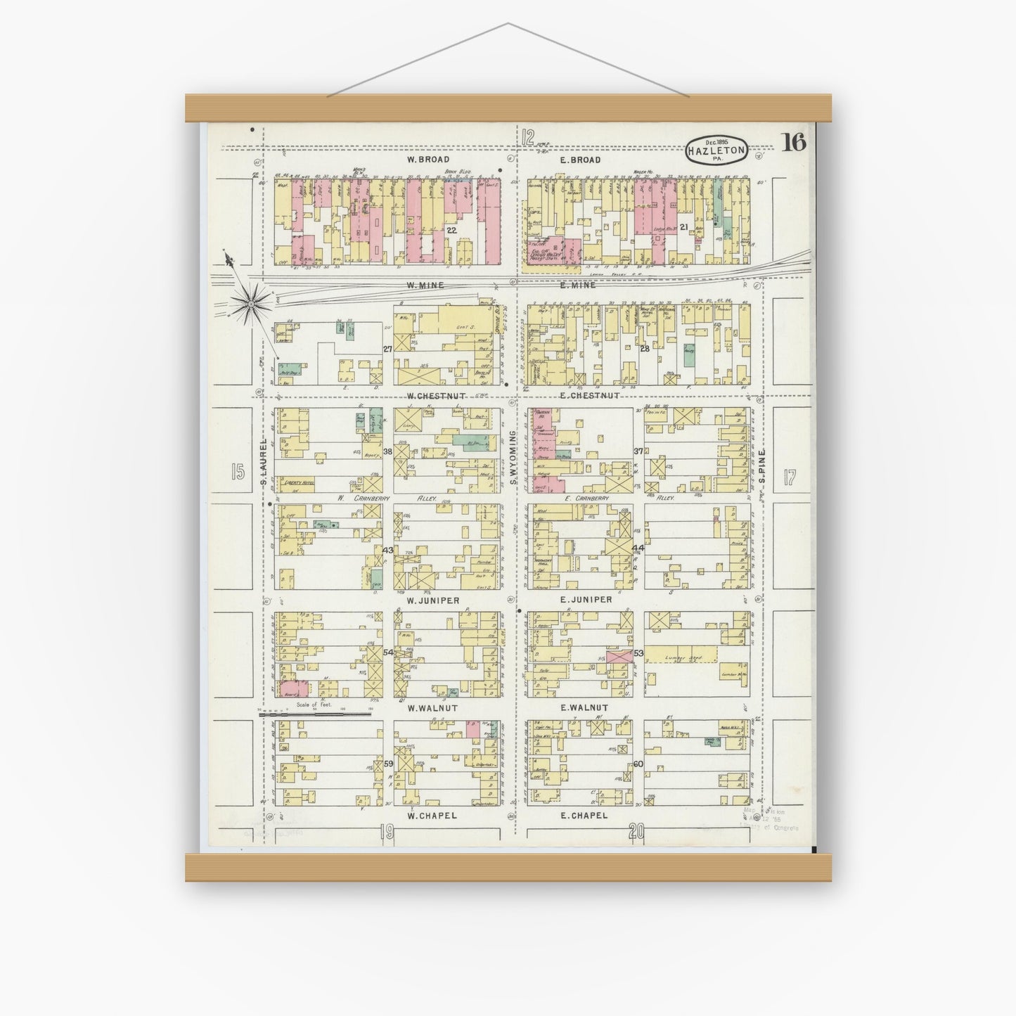 Old map wall art mockup — magnetic wood frame on white wall — Sanborn Fire Insurance Map from Hazleton, Luzerne County, Pennsylvania (1895), Sheet #0016