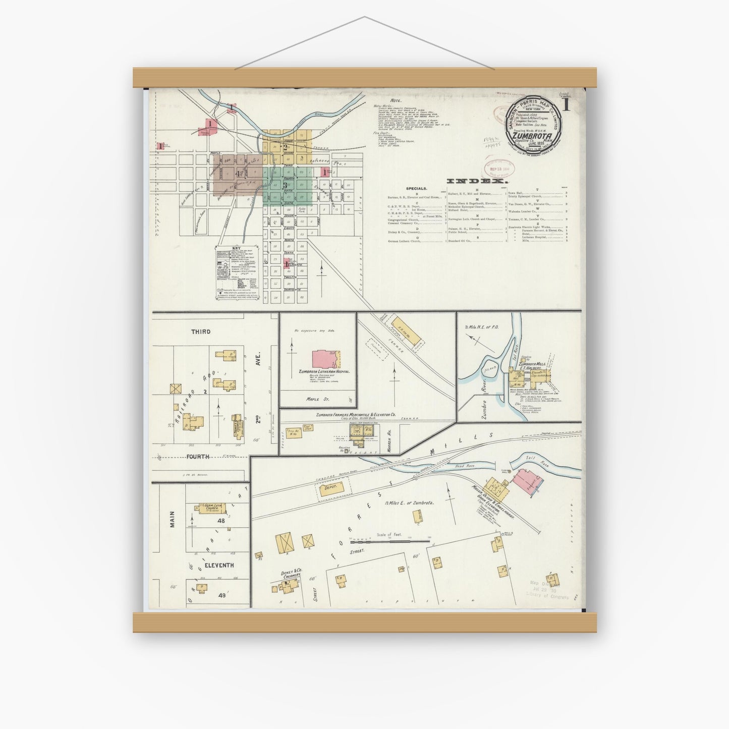 Old map wall art mockup — magnetic wood frame on white wall — Sanborn Fire Insurance Map from Zumbrota, Goodhue County, Minnesota (1899) - Complete Map Set