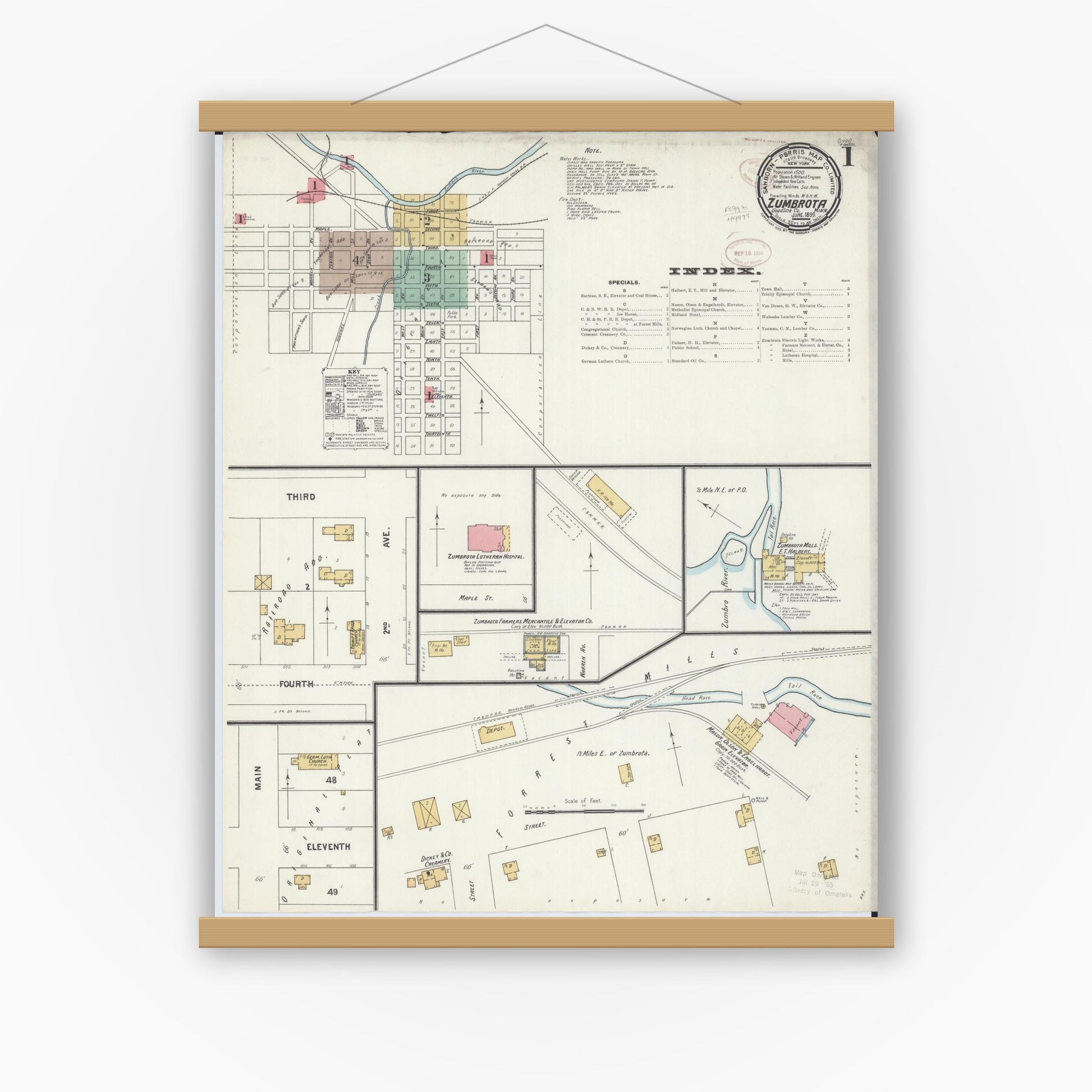 Old map wall art mockup — magnetic wood frame on white wall — Sanborn Fire Insurance Map from Zumbrota, Goodhue County, Minnesota (1899) - Complete Map Set