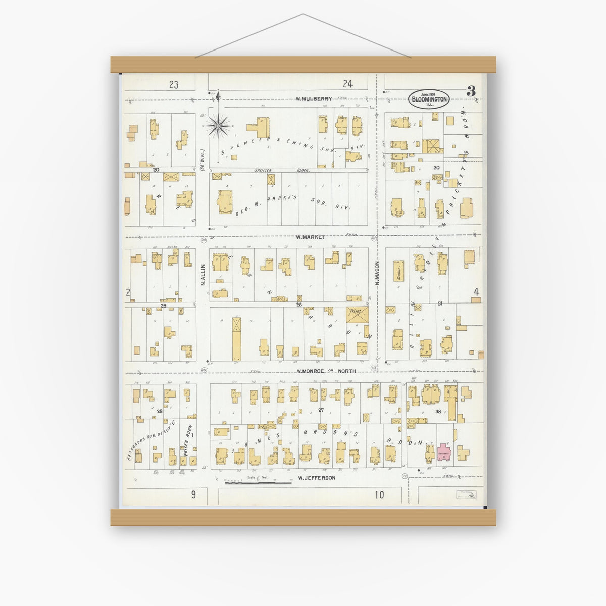 Old map wall art mockup — magnetic wood frame on white wall — Sanborn Fire Insurance Map from Bloomington, McLean County, Illinois (1901), Sheet #0003