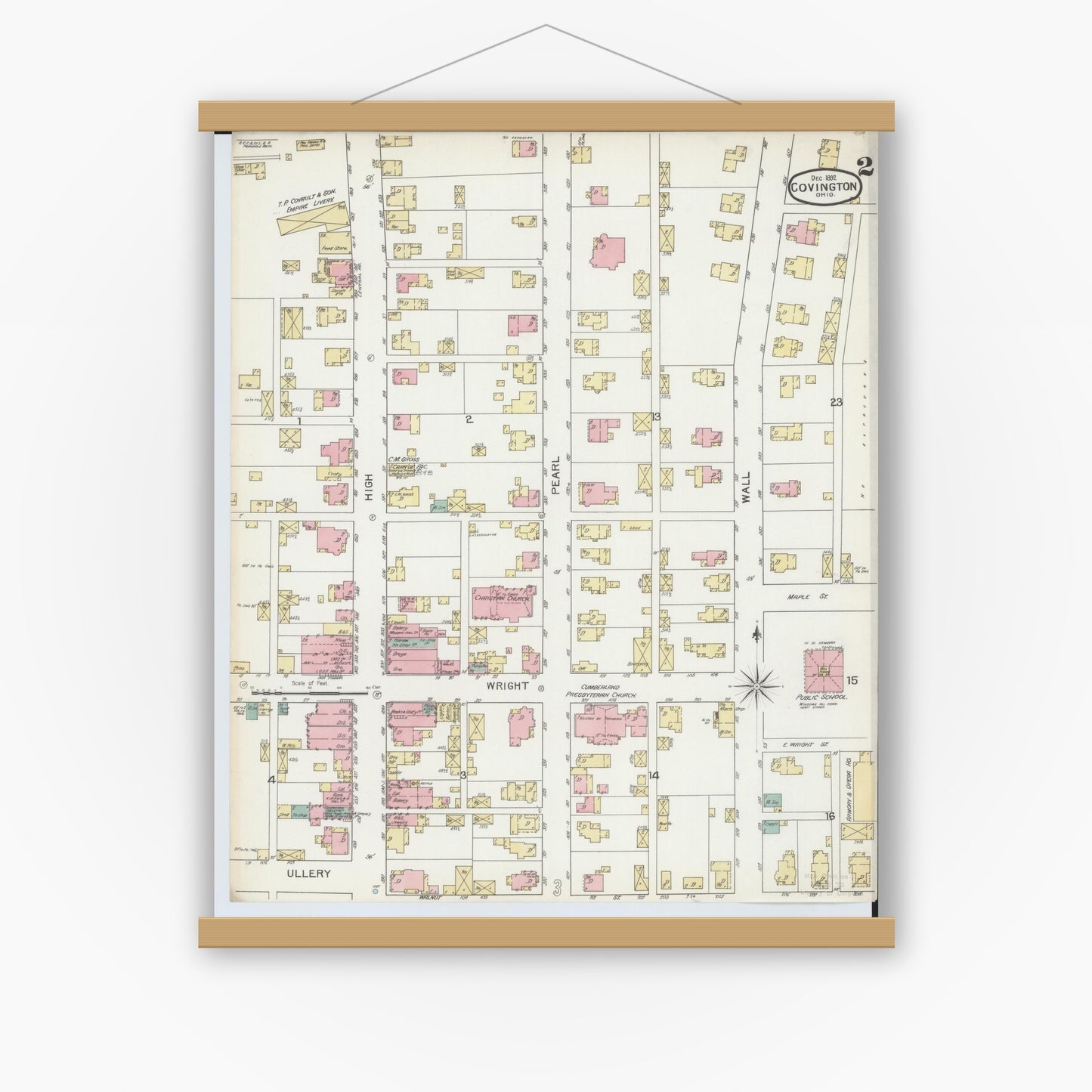 Old map wall art mockup — magnetic wood frame on white wall — Sanborn Fire Insurance Map from Covington, Miami County, Ohio (1892), Sheet #0002