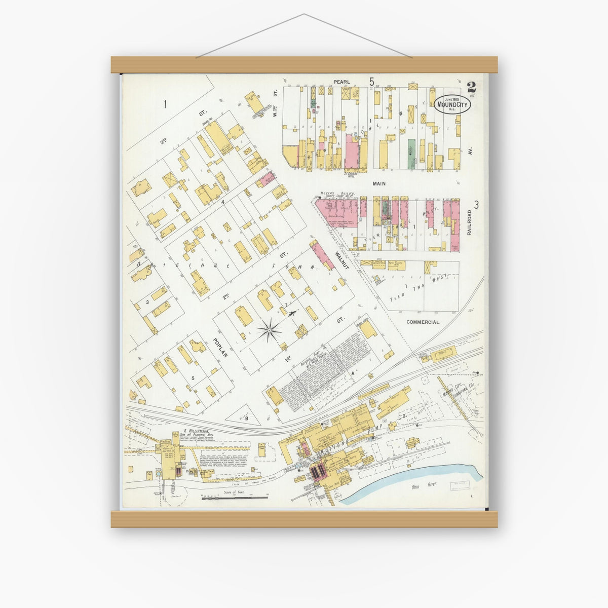 Old map wall art mockup — magnetic wood frame on white wall — Sanborn Fire Insurance Map from Mound City, Pulaski County, Illinois (1900), Sheet #0002
