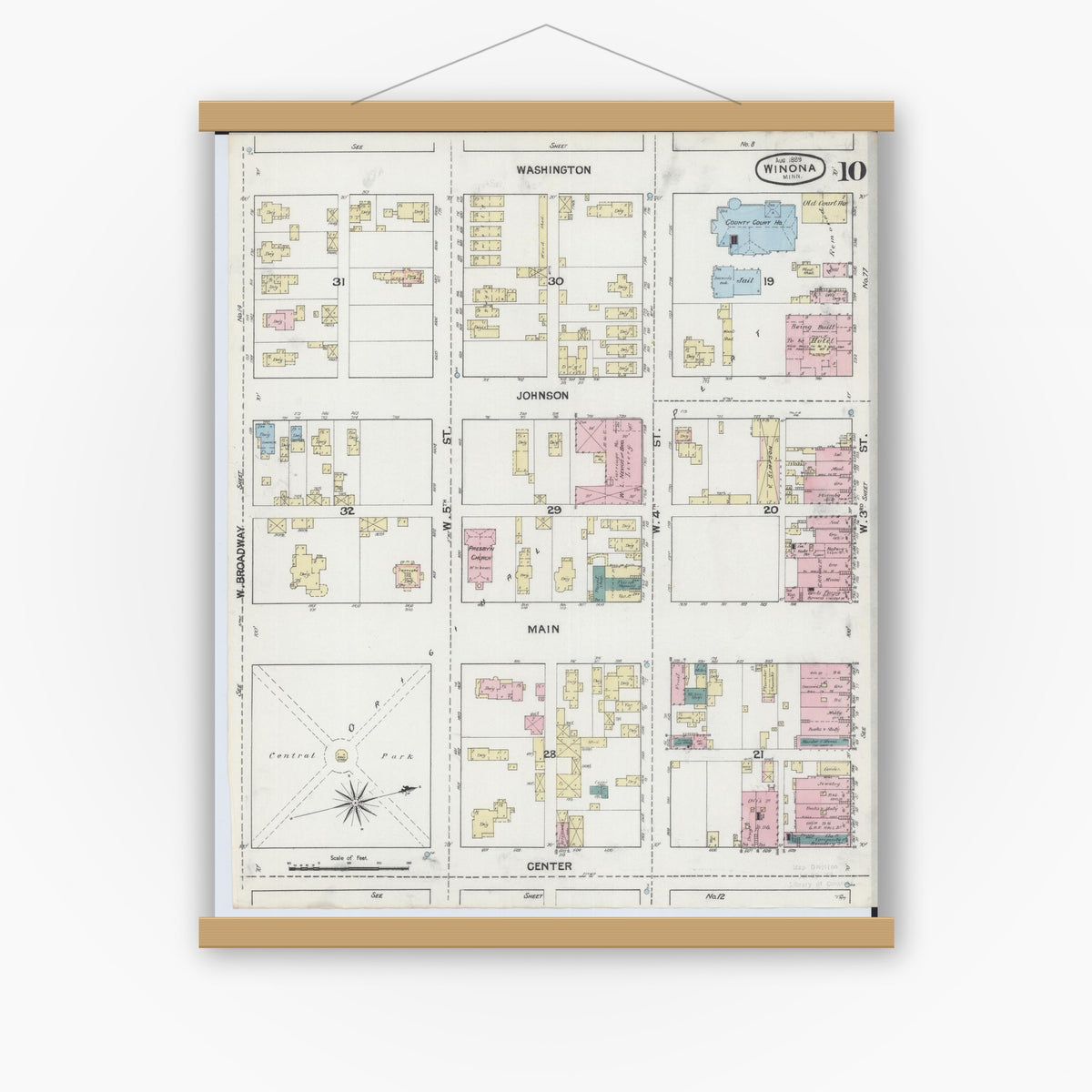 Old map wall art mockup — magnetic wood frame on white wall — Sanborn Fire Insurance Map from Winona, Winona County, Minnesota (1889), Sheet #0010