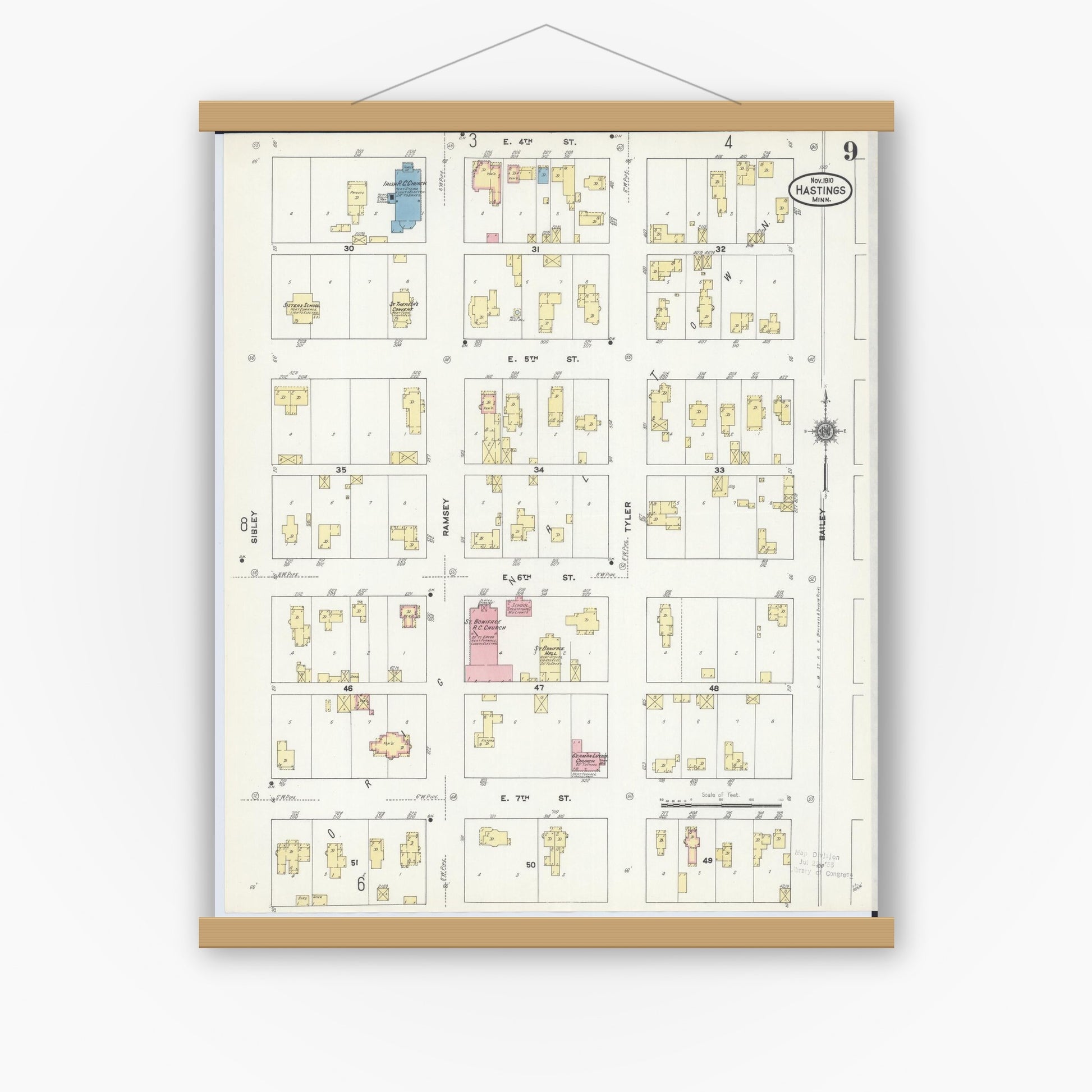 Old map wall art mockup — magnetic wood frame on white wall — Sanborn Fire Insurance Map from Hastings, Dakota County, Minnesota (1910), Sheet #0009