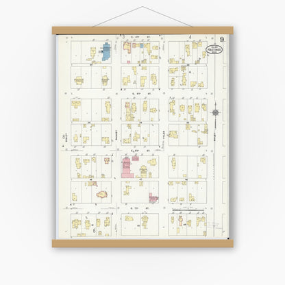 Old map wall art mockup — magnetic wood frame on white wall — Sanborn Fire Insurance Map from Hastings, Dakota County, Minnesota (1910), Sheet #0009