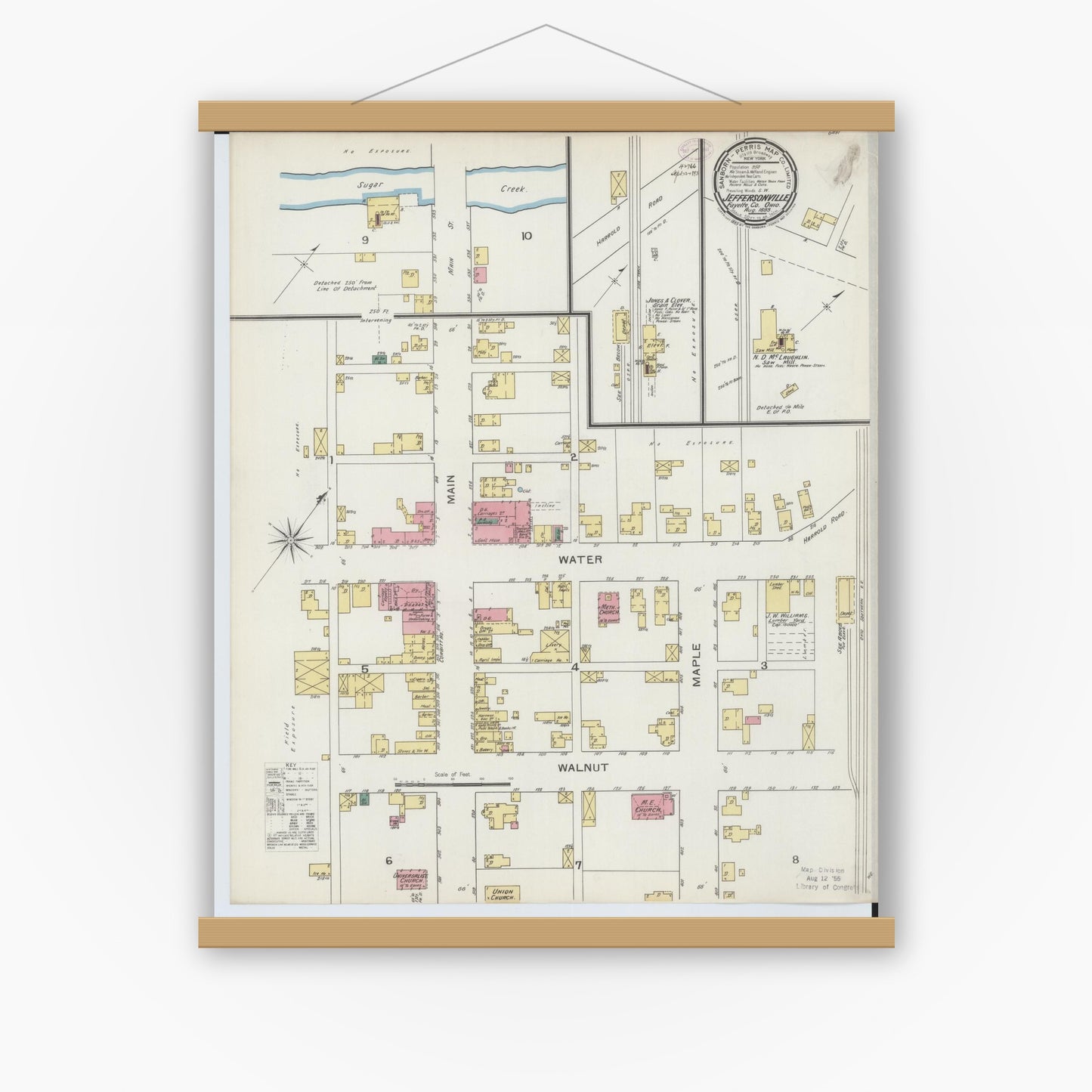 Old map wall art mockup — magnetic wood frame on white wall — Sanborn Fire Insurance Map from Jeffersonville, Fayette County, Ohio (1893), Sheet #0001