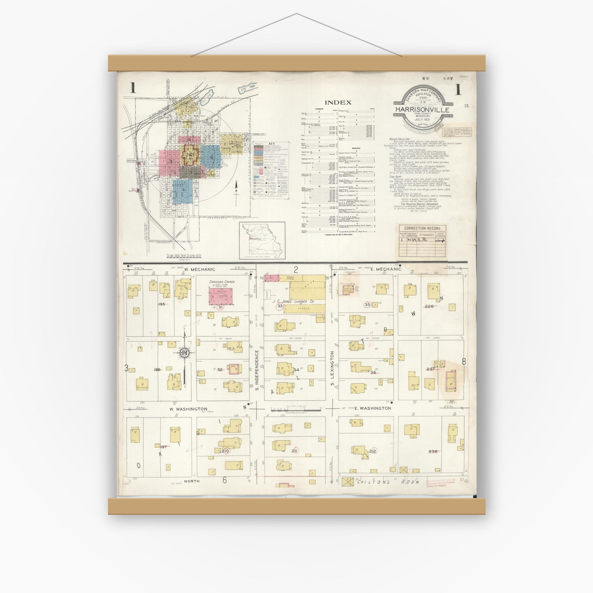 Old map wall art mockup — magnetic wood frame on white wall — Sanborn Fire Insurance Map from Harrisonville, Cass County, Missouri (1939), Sheet #0001