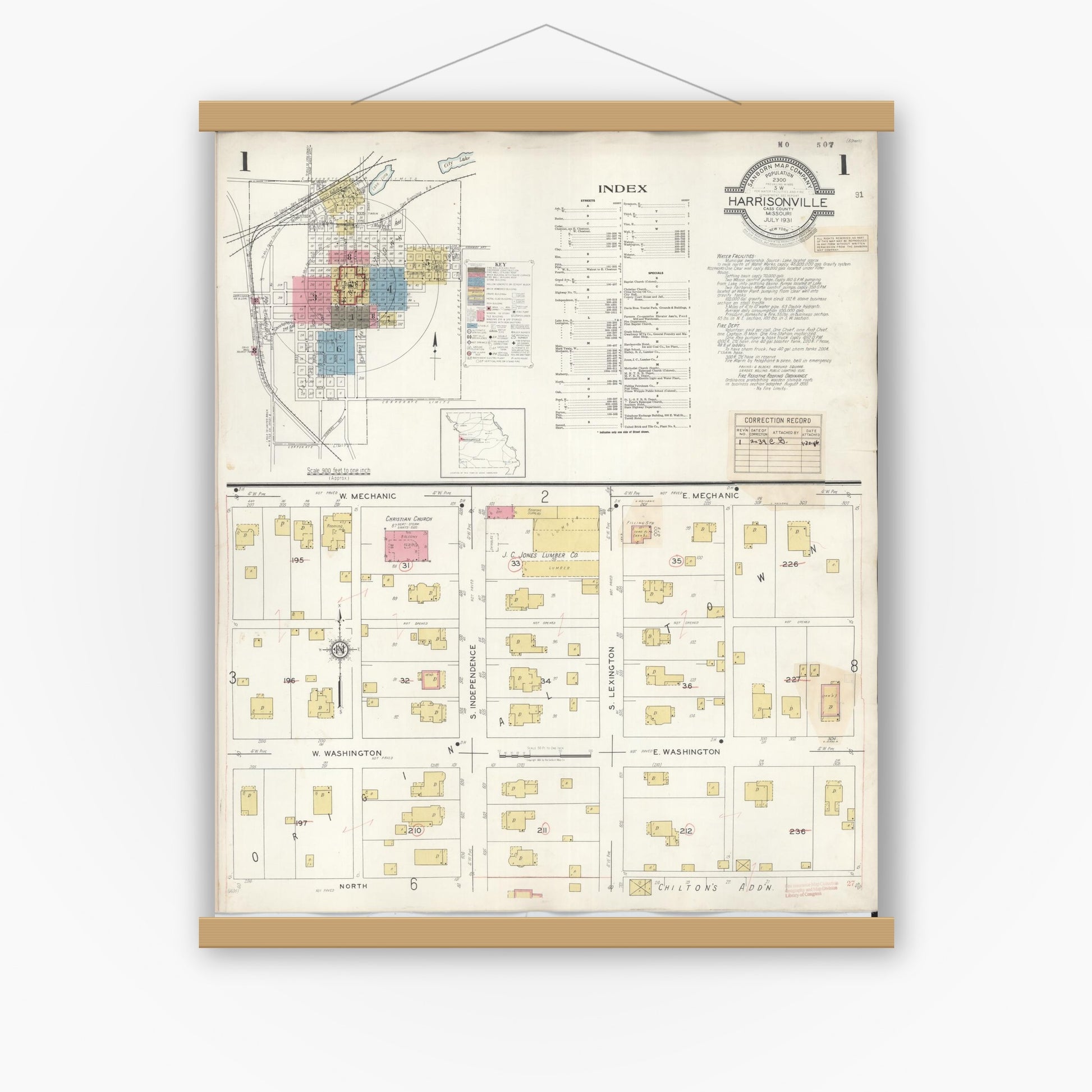 Old map wall art mockup — magnetic wood frame on white wall — Sanborn Fire Insurance Map from Harrisonville, Cass County, Missouri (1939), Sheet #0001