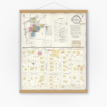 Old map wall art mockup — magnetic wood frame on white wall — Sanborn Fire Insurance Map from Harrisonville, Cass County, Missouri (1939), Sheet #0001
