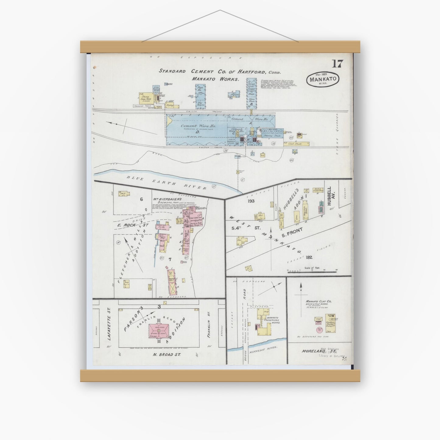 Old map wall art mockup — magnetic wood frame on white wall — Sanborn Fire Insurance Map from Mankato, Blue Earth County, Minnesota (1889), Sheet #0017