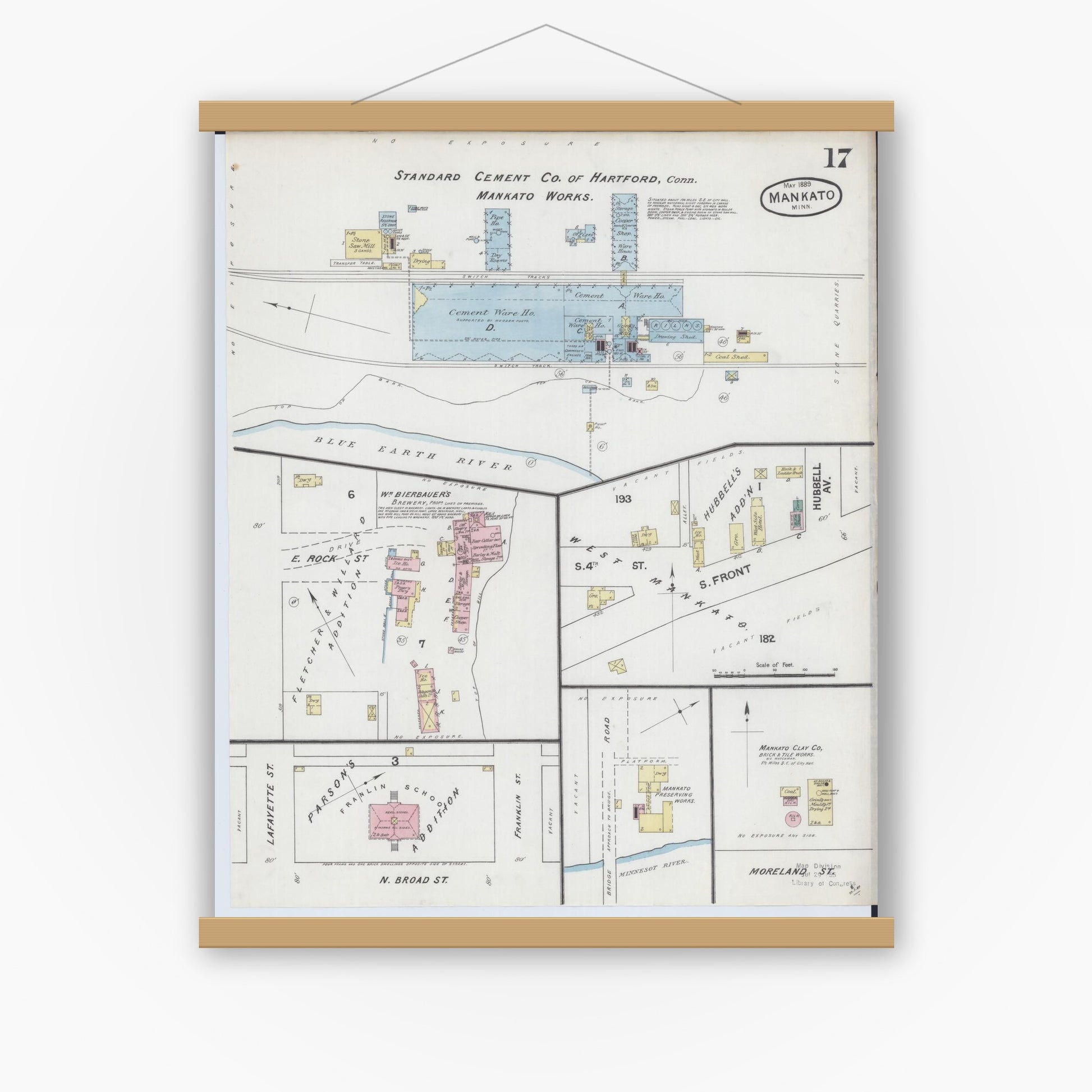 Old map wall art mockup — magnetic wood frame on white wall — Sanborn Fire Insurance Map from Mankato, Blue Earth County, Minnesota (1889), Sheet #0017
