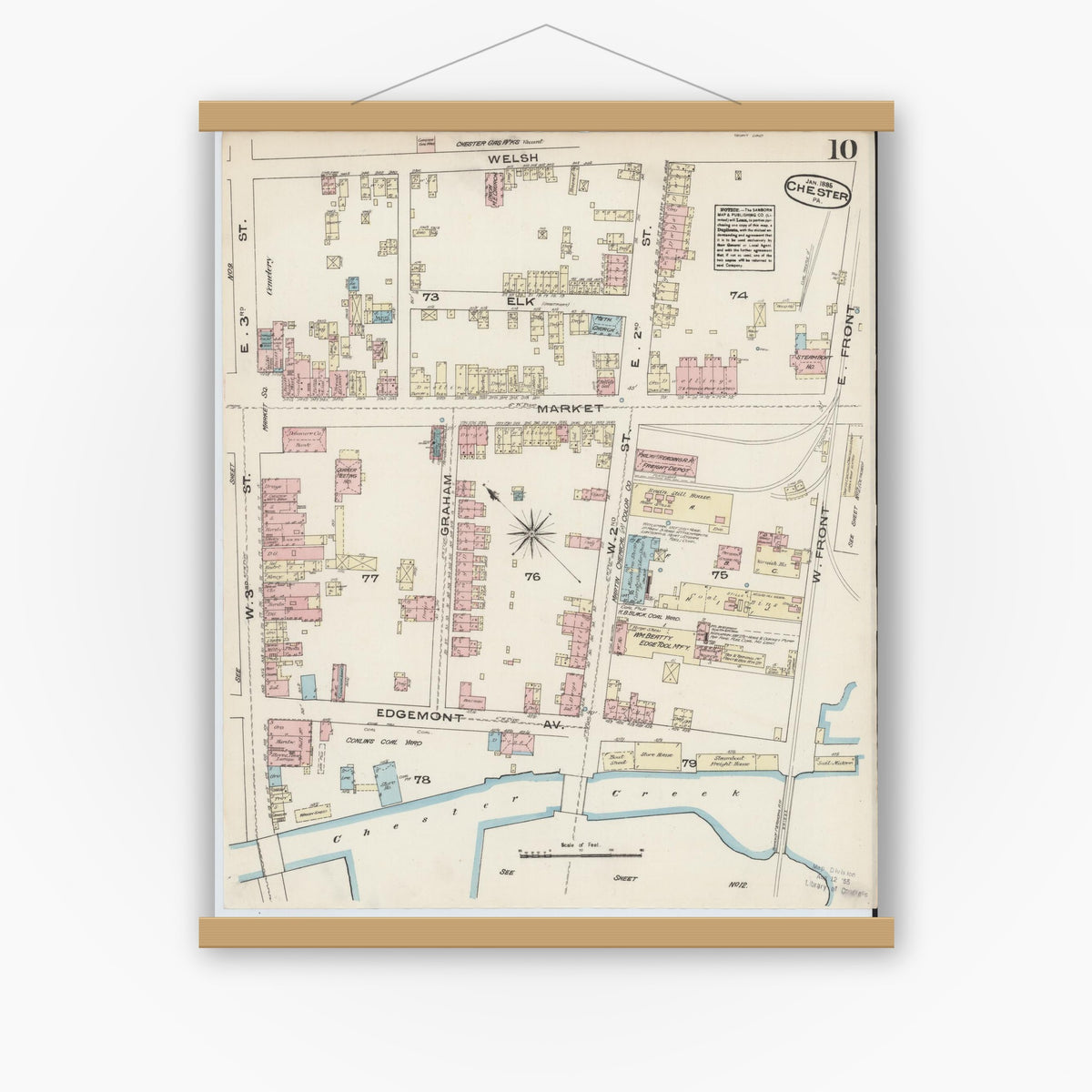 Old map wall art mockup — magnetic wood frame on white wall — Sanborn Fire Insurance Map from Chester, Delaware County, Pennsylvania (1885), Sheet #0010