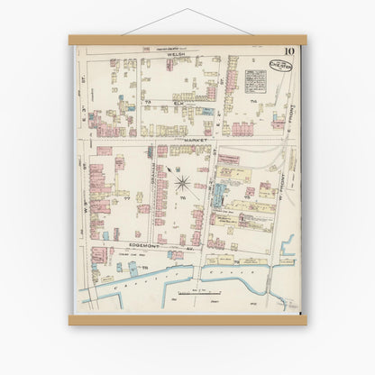 Old map wall art mockup — magnetic wood frame on white wall — Sanborn Fire Insurance Map from Chester, Delaware County, Pennsylvania (1885), Sheet #0010