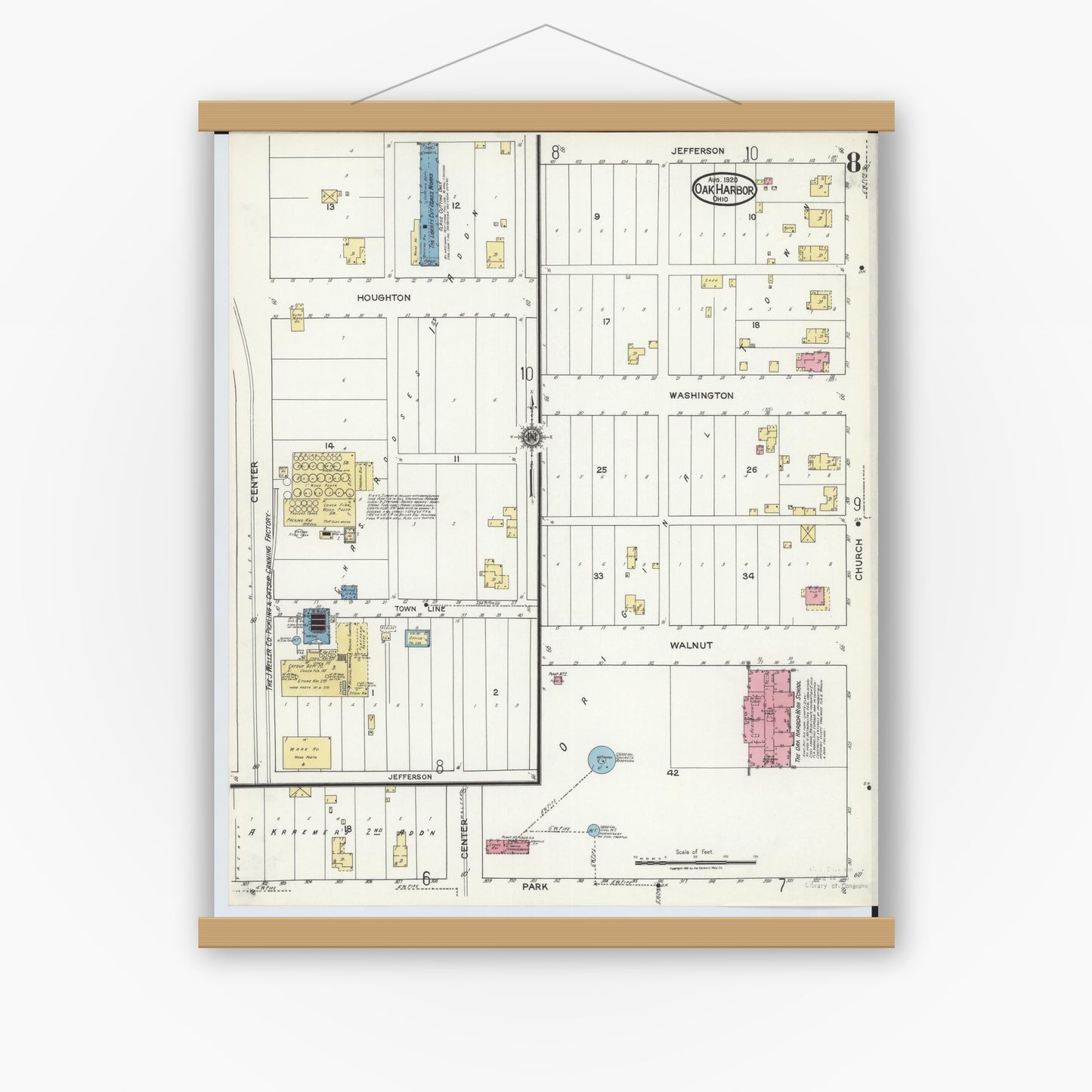 Old map wall art mockup — magnetic wood frame on white wall — Sanborn Fire Insurance Map from Oak Harbor, Ottawa County, Ohio (1920), Sheet #0008