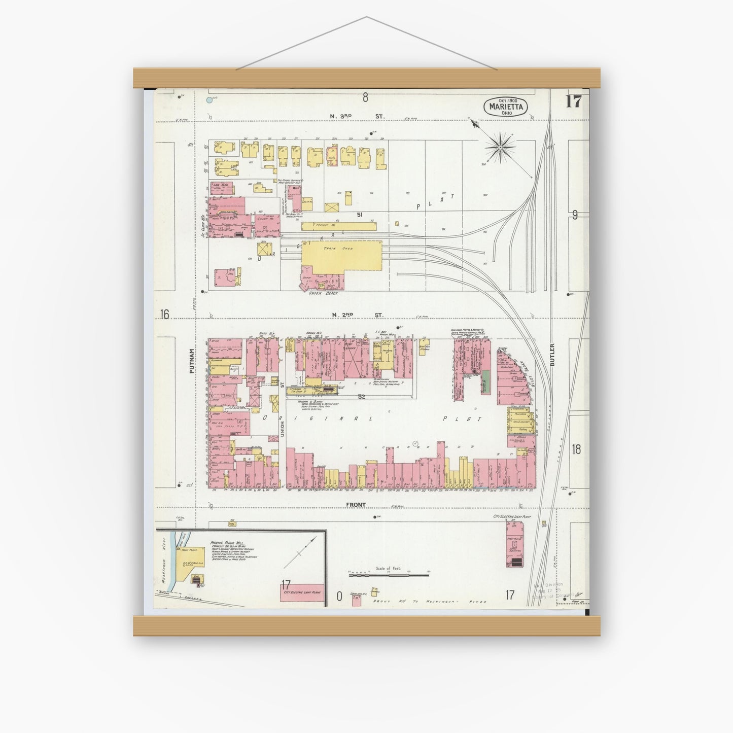 Old map wall art mockup — magnetic wood frame on white wall — Sanborn Fire Insurance Map from Marietta, Washington County, Ohio (1900), Sheet #0017
