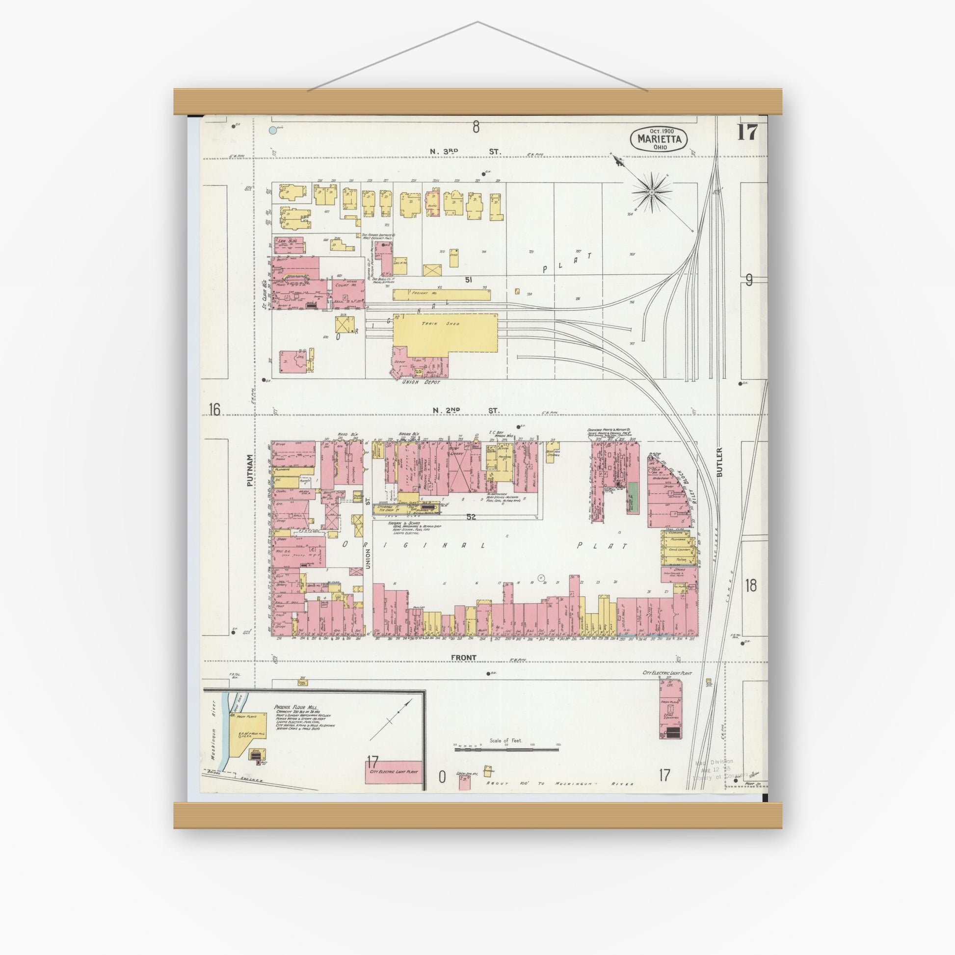 Old map wall art mockup — magnetic wood frame on white wall — Sanborn Fire Insurance Map from Marietta, Washington County, Ohio (1900), Sheet #0017