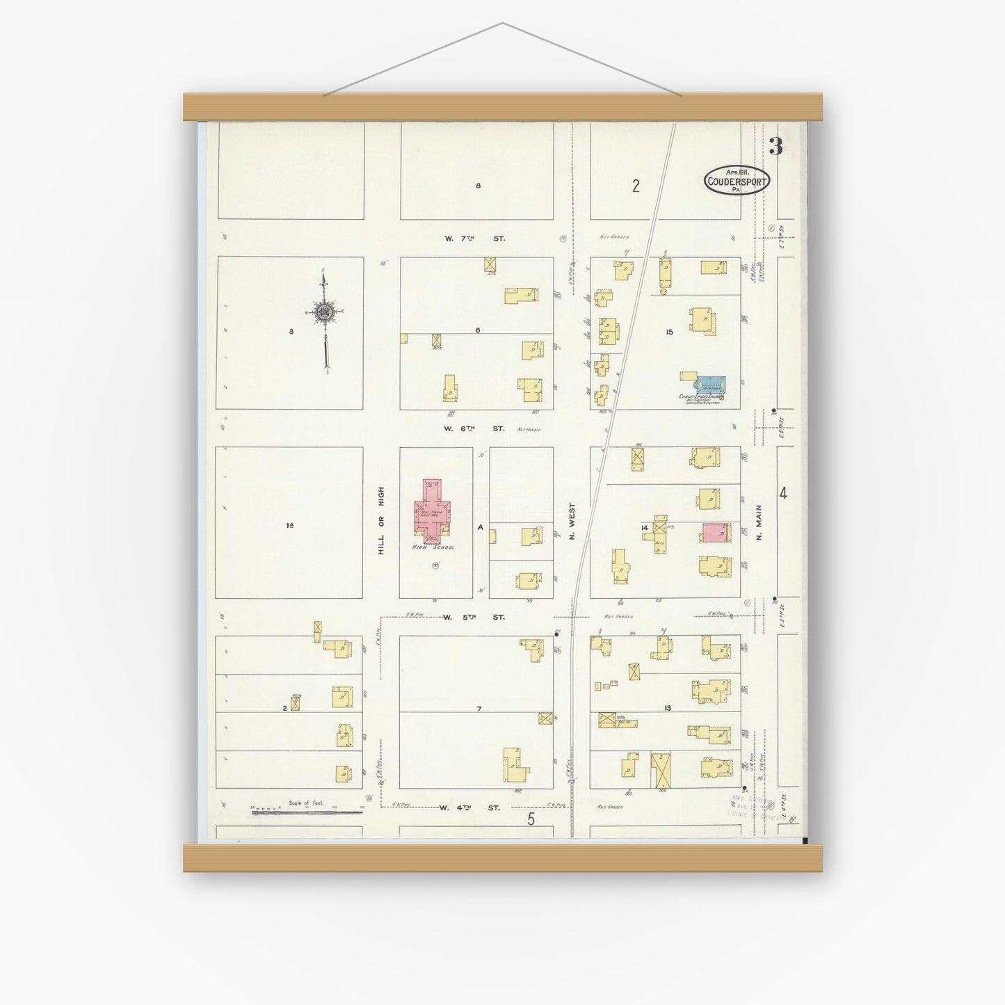 Old map wall art mockup — magnetic wood frame on white wall — Sanborn Fire Insurance Map from Coudersport, Potter County, Pennsylvania (1911), Sheet #0003