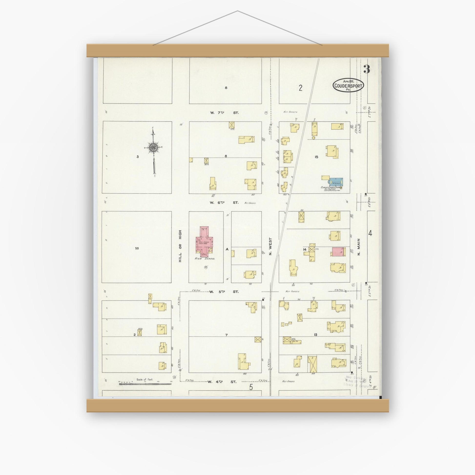 Old map wall art mockup — magnetic wood frame on white wall — Sanborn Fire Insurance Map from Coudersport, Potter County, Pennsylvania (1911), Sheet #0003