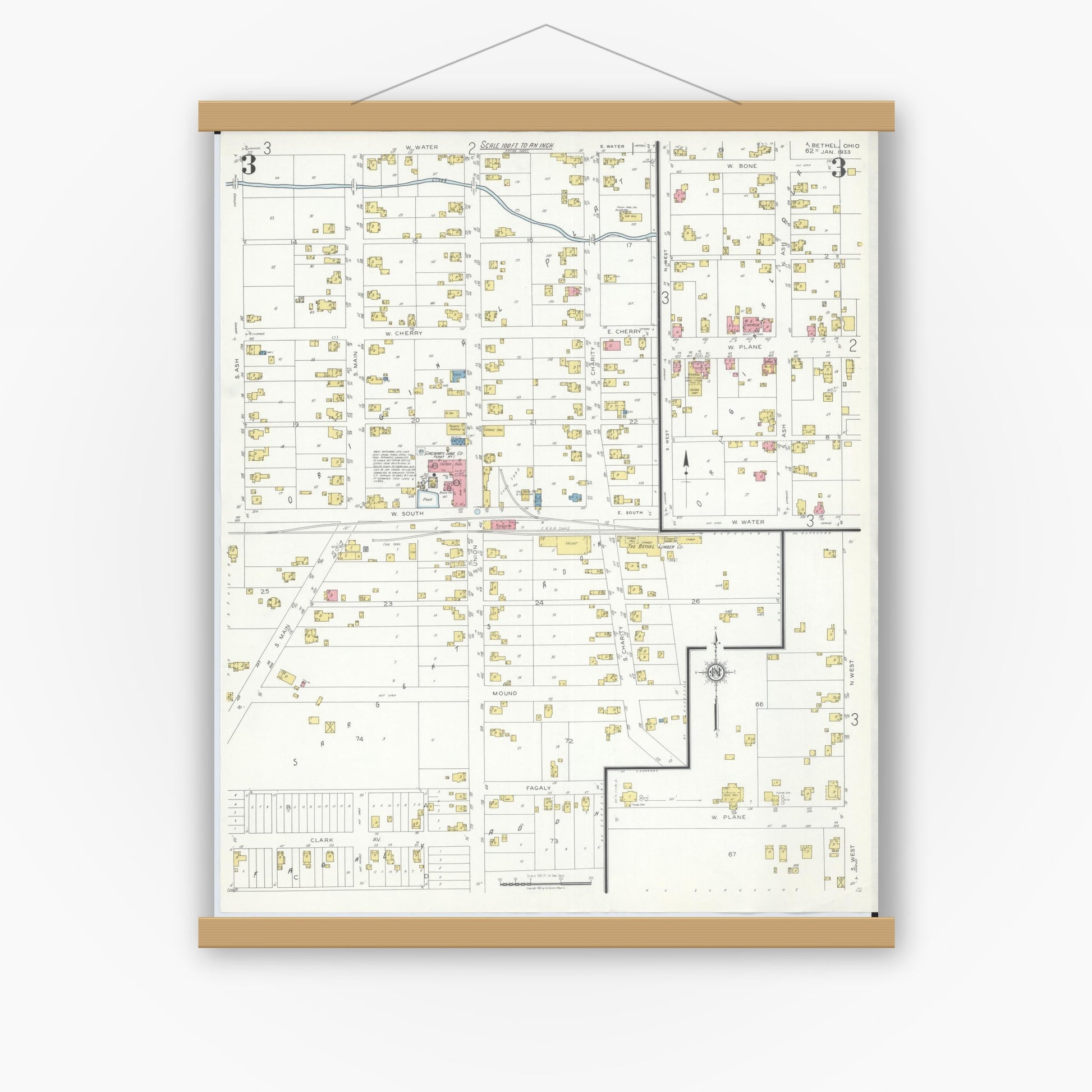 Old map wall art mockup — magnetic wood frame on white wall — Sanborn Fire Insurance Map from Bethel, Clermont County, Ohio (1933), Sheet #0003