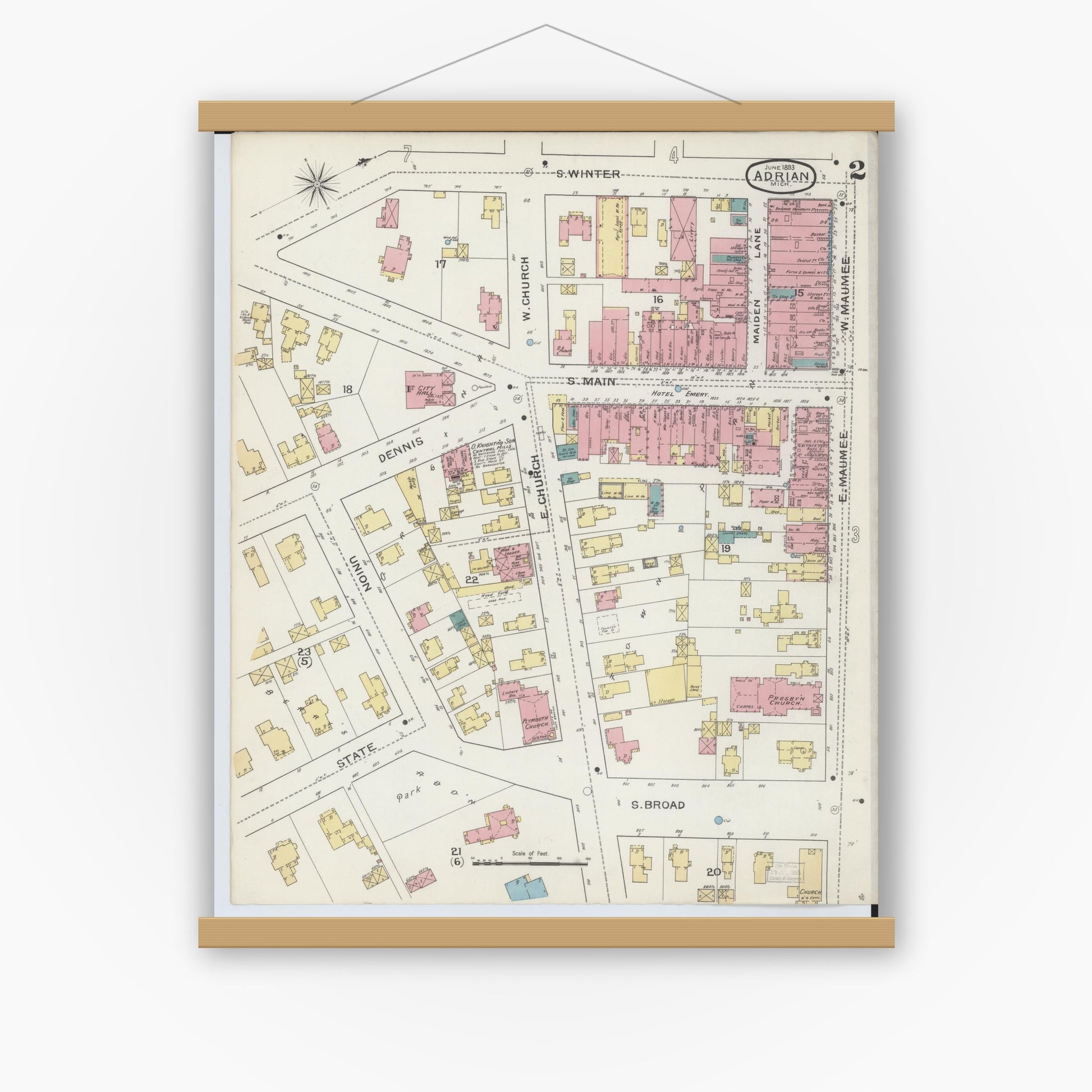 Old map wall art mockup — magnetic wood frame on white wall — Sanborn Fire Insurance Map from Adrian, Lenawee County, Michigan (1893), Sheet #0002