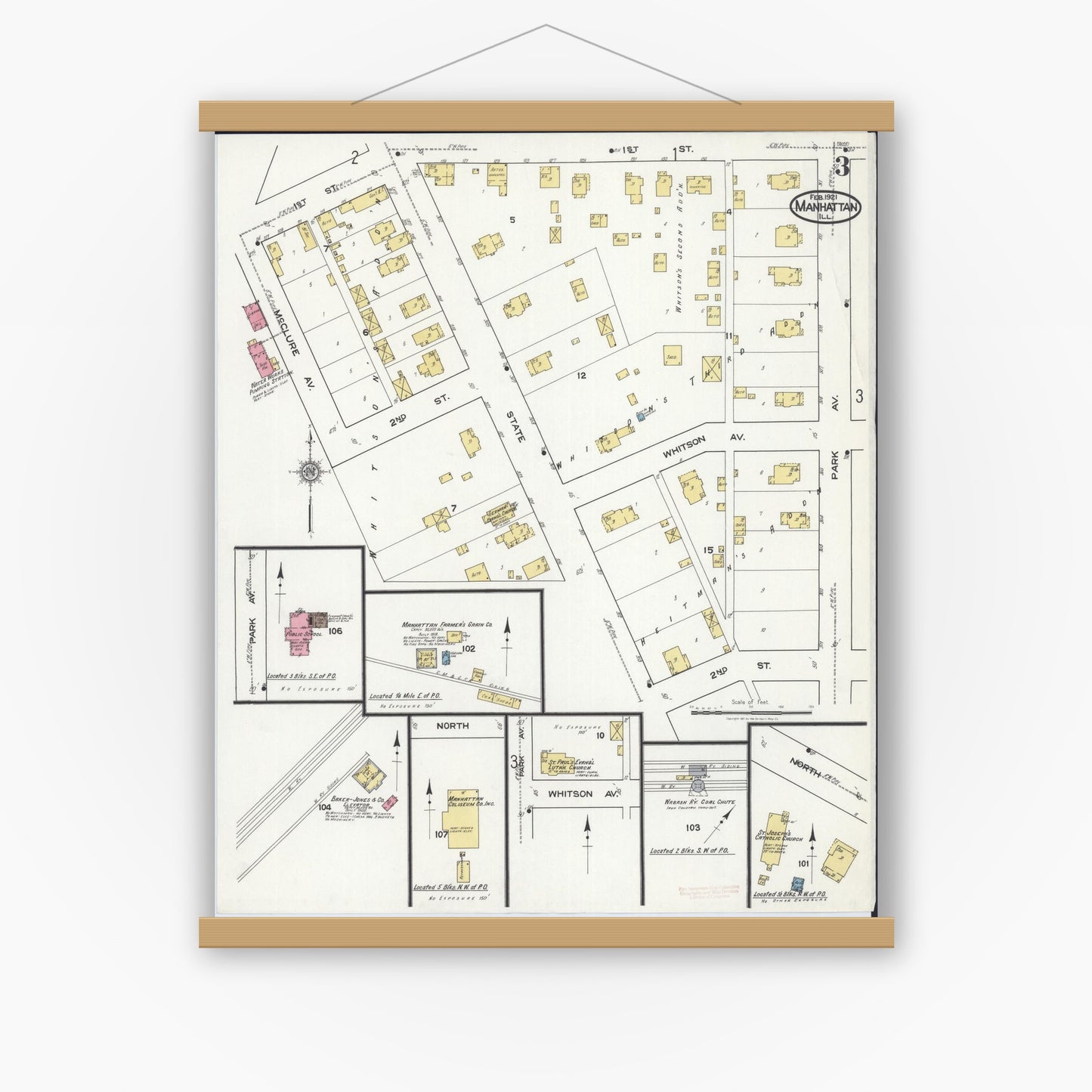 Old map wall art mockup — magnetic wood frame on white wall — Sanborn Fire Insurance Map from Manhattan, Will County, Illinois (1921), Sheet #0003