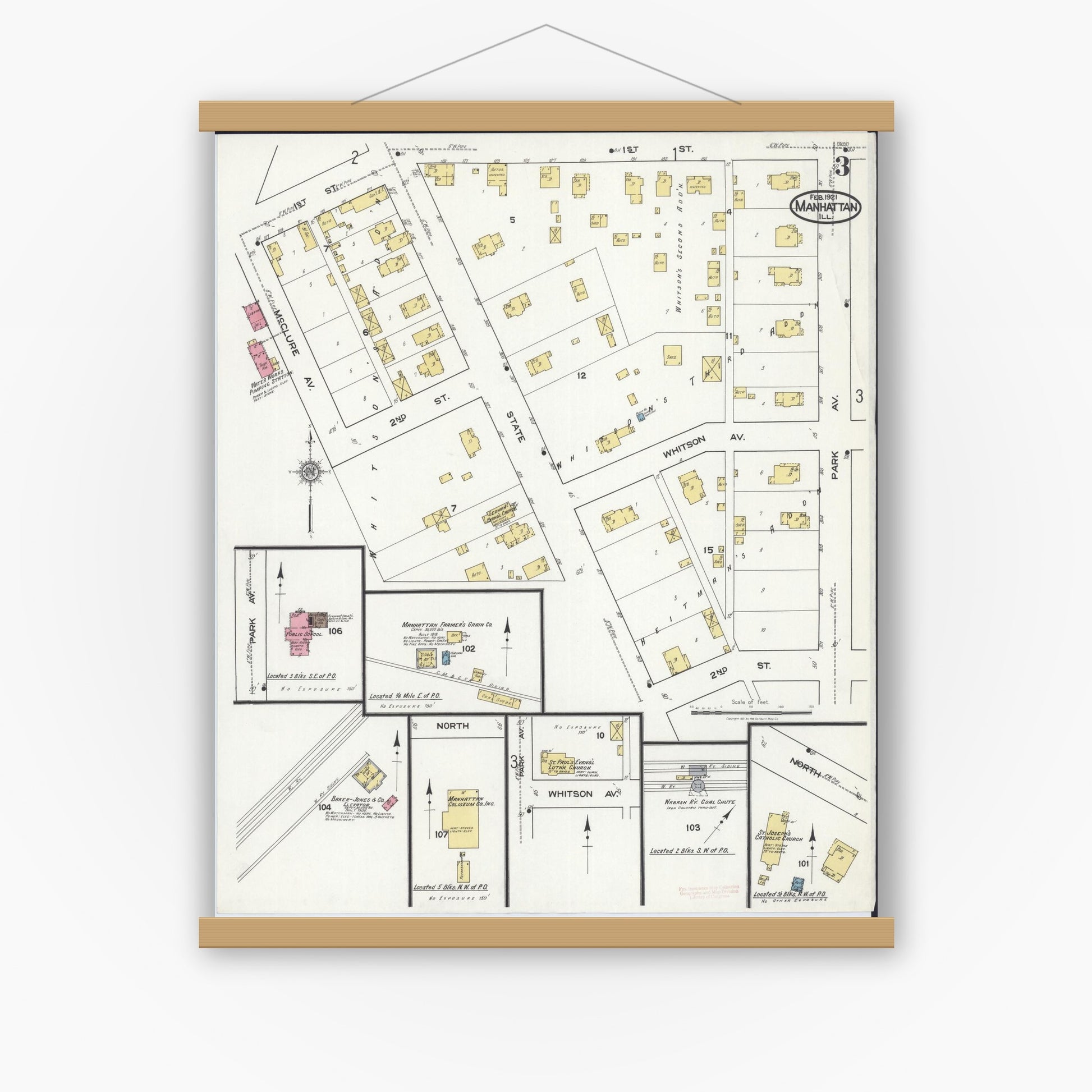 Old map wall art mockup — magnetic wood frame on white wall — Sanborn Fire Insurance Map from Manhattan, Will County, Illinois (1921), Sheet #0003