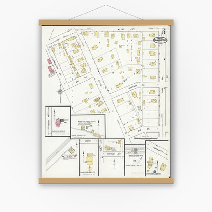 Old map wall art mockup — magnetic wood frame on white wall — Sanborn Fire Insurance Map from Manhattan, Will County, Illinois (1921), Sheet #0003