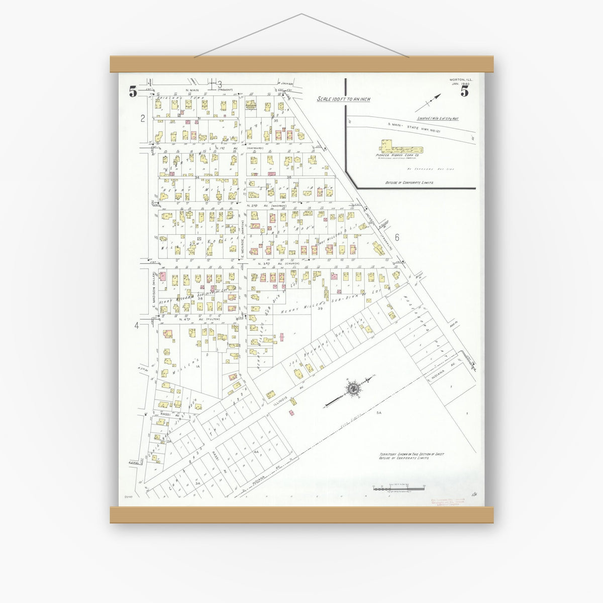 Old map wall art mockup — magnetic wood frame on white wall — Sanborn Fire Insurance Map from Morton, Tazewell County, Illinois (1940), Sheet #0005